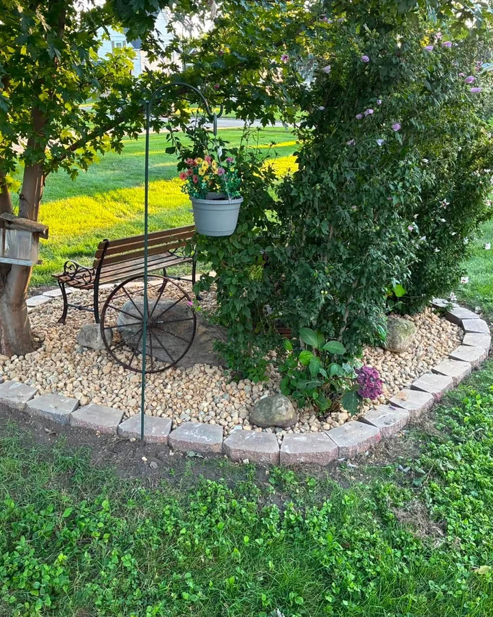 Flowering plants and a stone-edged garden bed.