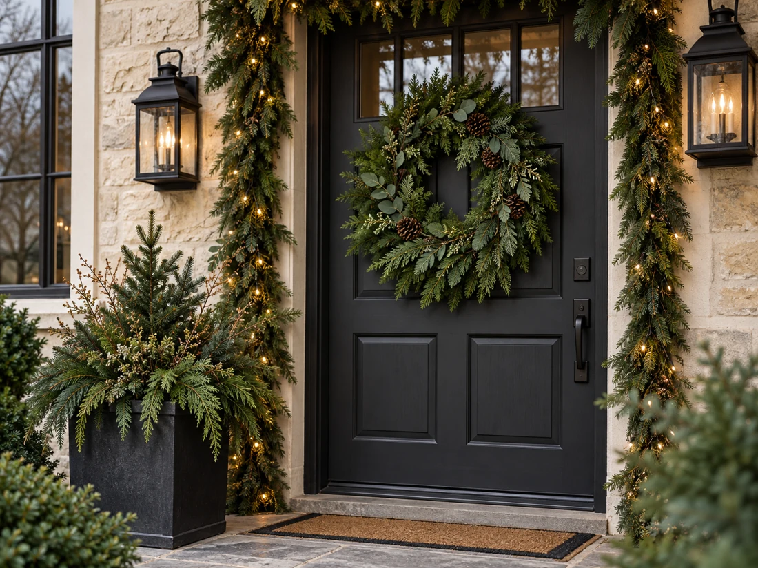 Seasonal decorating inspiration with an evergreen wreath and porch greenery.