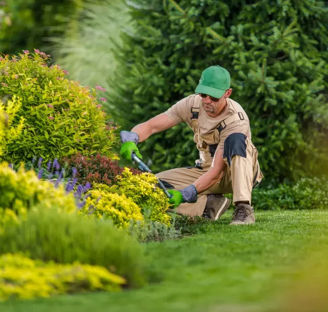 Service illustration: a gardener tending a planted border.
